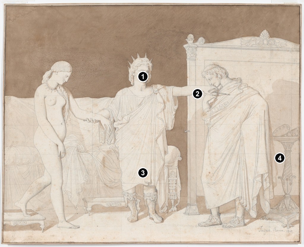 Annotated details from Alexander, Campaspe and Apelles by Ingres